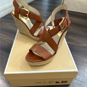 Michael Kors Leather Wedge Shoes in Luggage